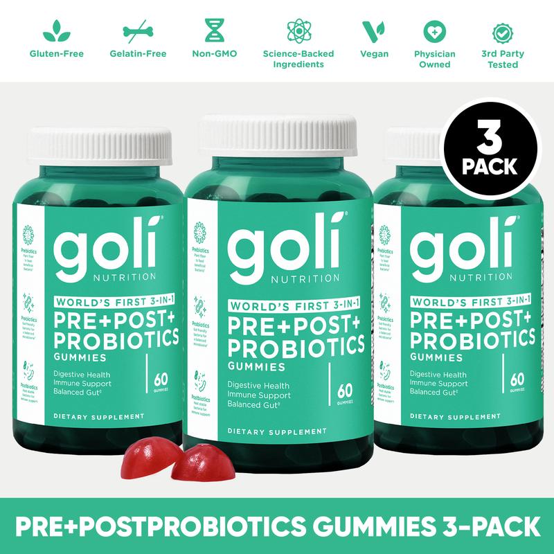 3 Bottles of Goli Pre, Post, Probiotics Gummy