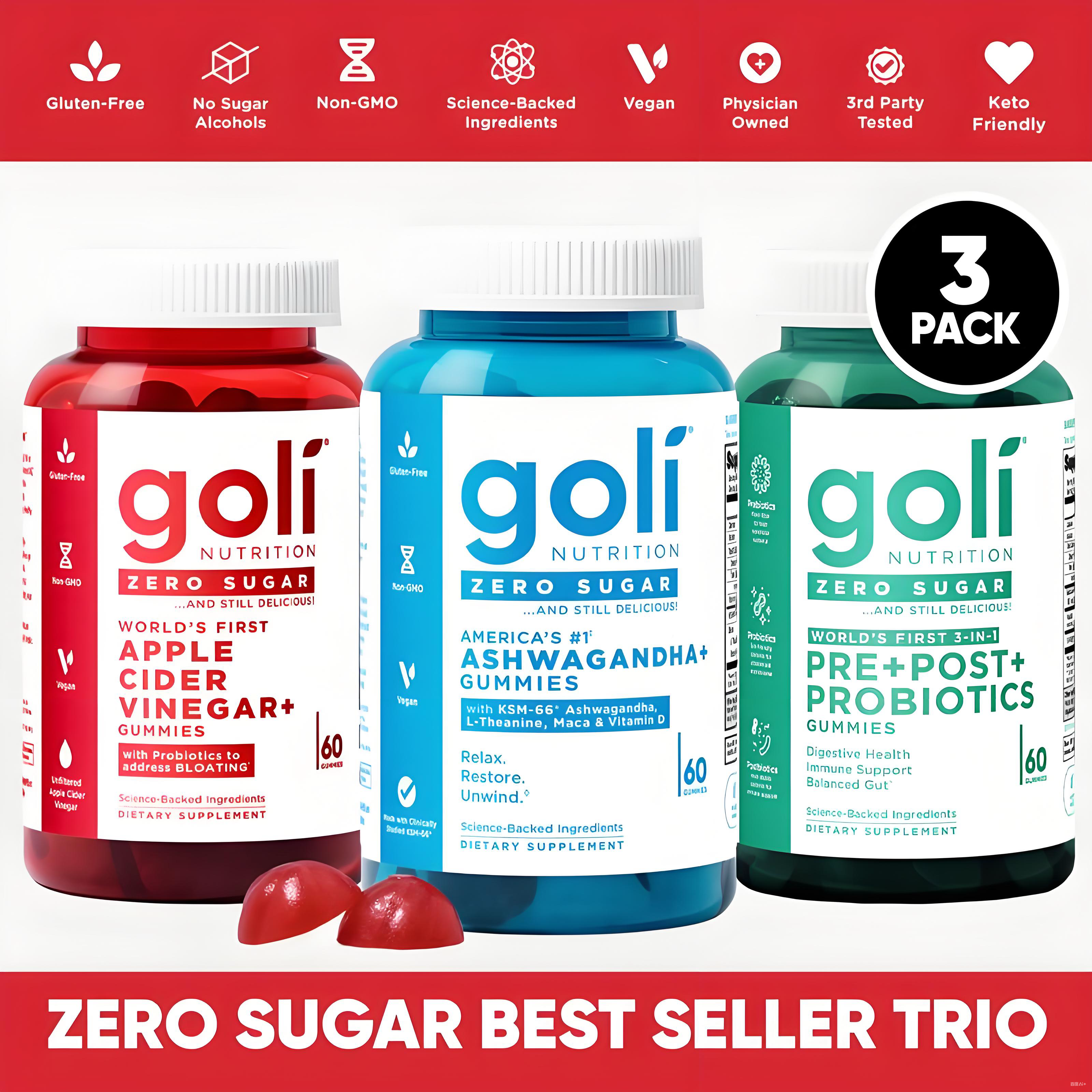 Zero Sugar Bestselling Trio — The world's first triple-action formula combining prebiotics, probiotics, and apple cider vinegar, enriched with Vitamin B12 and probiotics.